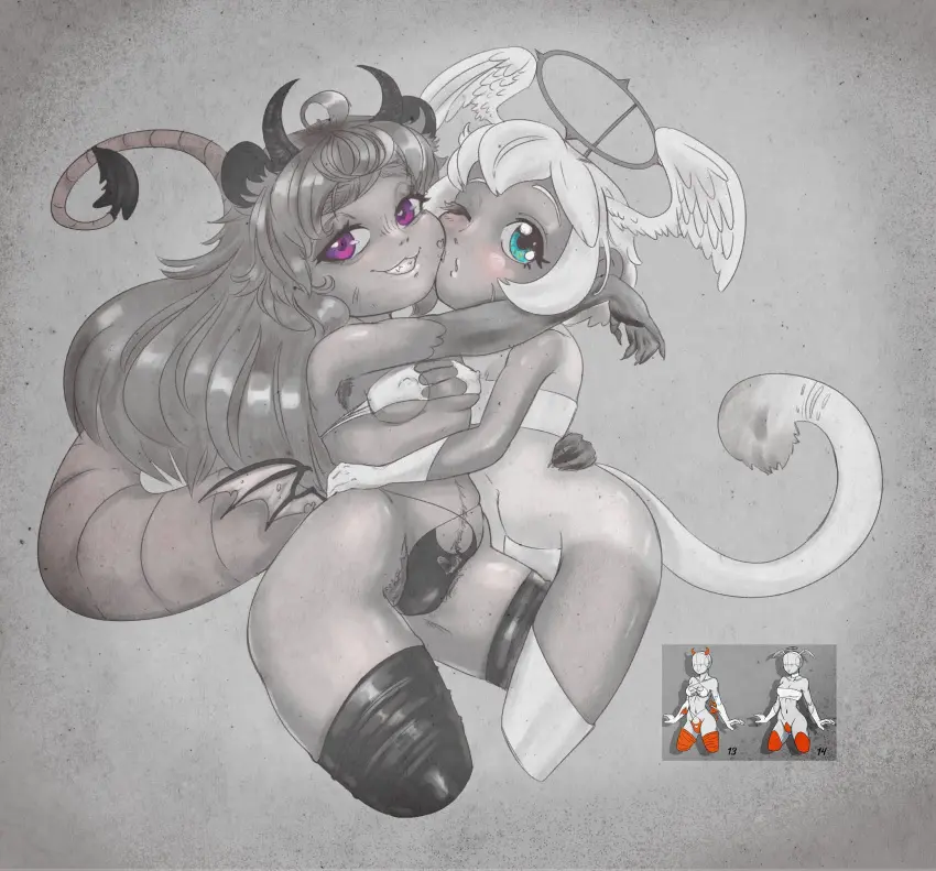 Image blush,female,grey_hair,smile,white_hair,bikini,virtual_youtuber,smile_at_viewer,angel_wings,vtuber,halo,purple_eyes,pubic_hair,monochrome,bushy_pubes,cyan_eyes,armpit_hair,greyscale,head_wings,spade_tail,devil_horns,monkey,monkey_girl,hip_wings,devil_wings,opossum,peony_possum_(artist),peony_possum_(vtuber),opossum_girl,tomakeys_(vtuber)