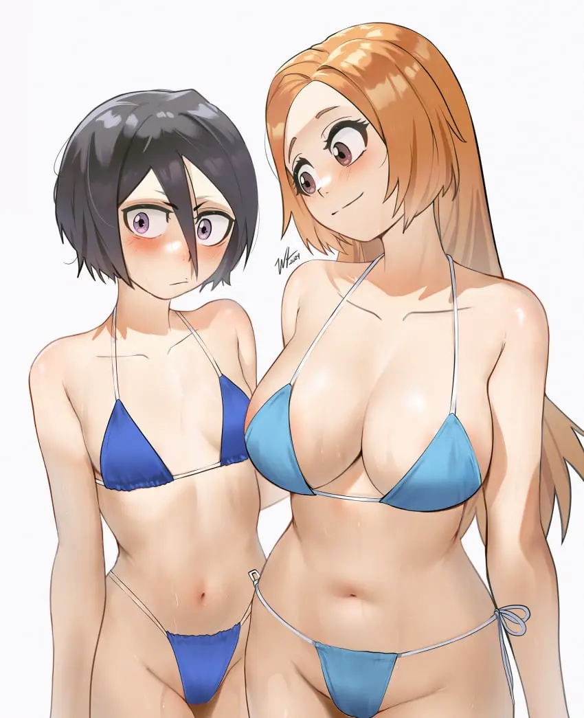 Image breasts,brown_eyes,female,female_only,highres,large_breasts,simple_background,white_background,2girls,black_hair,multiple_girls,navel,bikini,small_breasts,orange_hair,swimsuit,purple_eyes,hair_between_eyes,alternate_costume,bleach,mother_daughter_boob_envy_(meme),kuchiki_rukia,inoue_orihime,photo-referenced,waligner