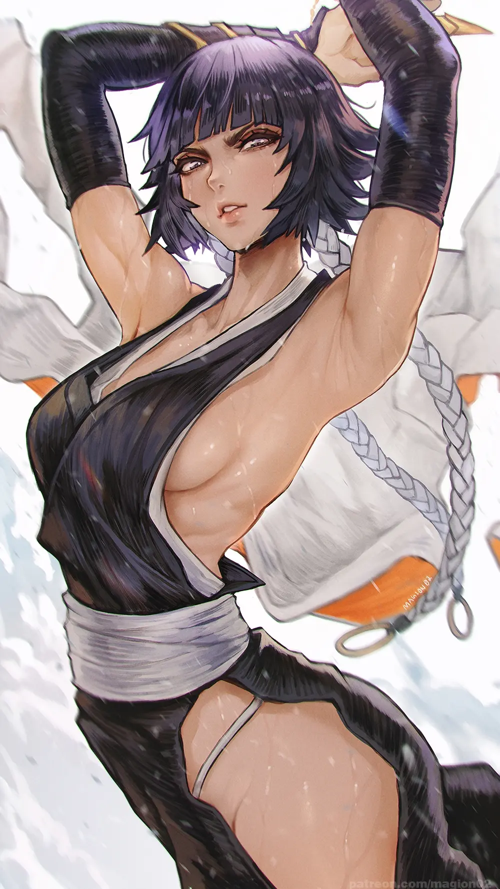Image 1girls,breasts,female,highres,looking_at_viewer,solo,black_hair,short_hair,short_hair_with_long_locks,sweat,armpits,arms_up,sideboob,medium_breasts,parted_lips,bleach,hakama,japanese_clothes,sideless_outfit,armpit_crease,soifon,sui-feng,bare_hips,magion02