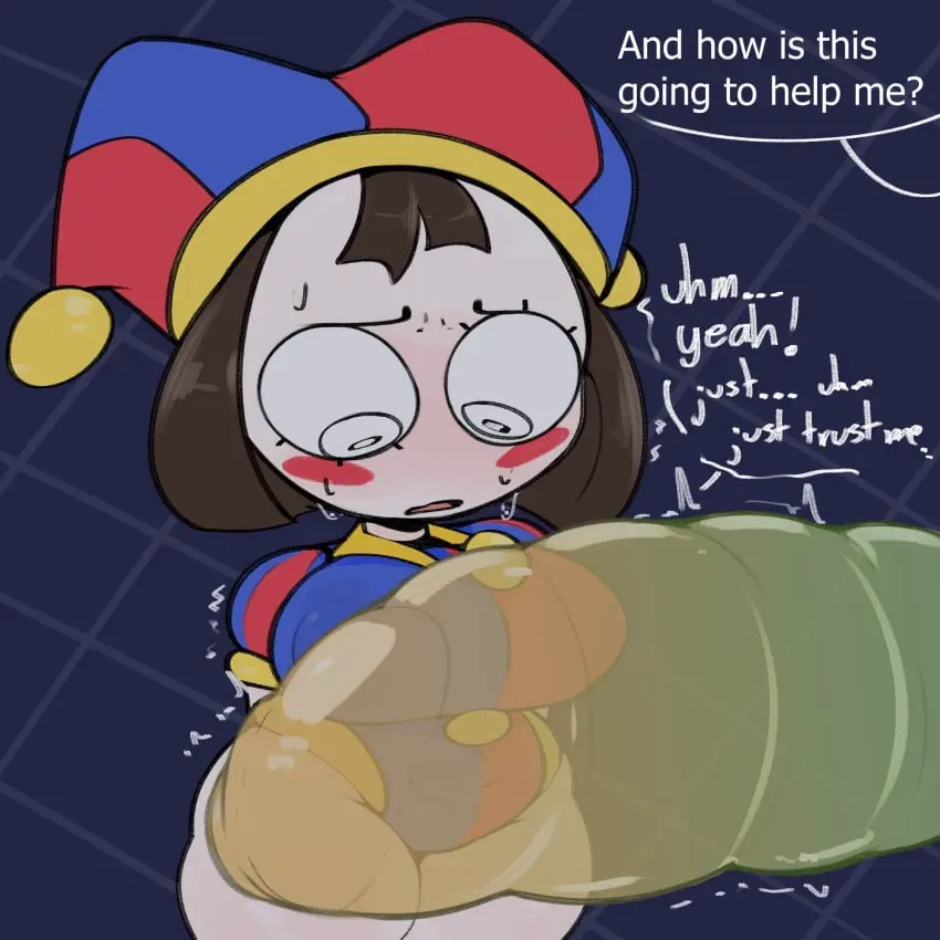 Image 1girls,big_breasts,breasts,female,female_only,large_breasts,1boy,male,penis,female_focus,brown_hair,dialogue,english_text,shortstack,english,massive_penis,clown_girl,pomni_(the_amazing_digital_circus),the_amazing_digital_circus,gummigoo_(the_amazing_digital_circus),severingaxis183