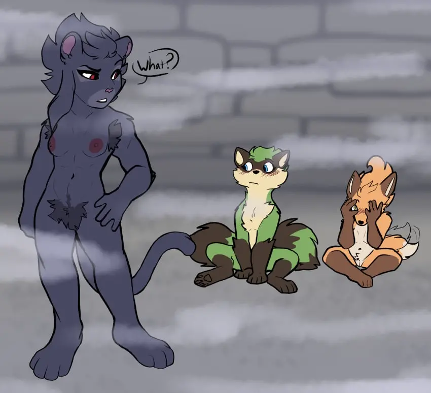 Image blush,breasts,female,hi_res,red_eyes,standing,blue_eyes,nude,pussy,tail,muscular,eyebrows,anthro,tan_body,text,green_eyes,flustered,sitting,hand_on_hip,canid,canine,fur,genitals,mammal,dialogue,black_body,orange_body,black_nose,feline,steam,green_body,raccoon,abs,brown_fur,muscular_female,mustelid,fluffy,fluffy_tail,fox,tan_fur,brown_body,orange_fur,group,trio,felid,pubes,black_fur,pantherine,pink_nose,procyonid,one_eye_obstructed,body_hair,armpit_hair,leopard,raised_eyebrow,unaware,green_fur,tail_motion,tailwag,musteline,thin_tail,true_musteline,weasel,fleet_(dungeons_of_aether),rivals_of_aether,carameltsi,clairen_(rivals_of_aether),clairen,maypul