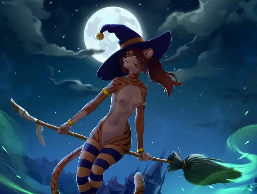 Image breasts,clothing,female,hi_res,solo,nude,furry,hat,small_breasts,ponytail,headwear,sky,headgear,hair,sitting,moon,night,mammal,orange_body,feline,legwear,magic,halloween,witch_hat,holidays,cleaning_tool,felid,magic_user,light,moonlight,pantherine,stripes,striped_body,witch,tights,broom_riding,broom,flaich,nala(1shinatobe)