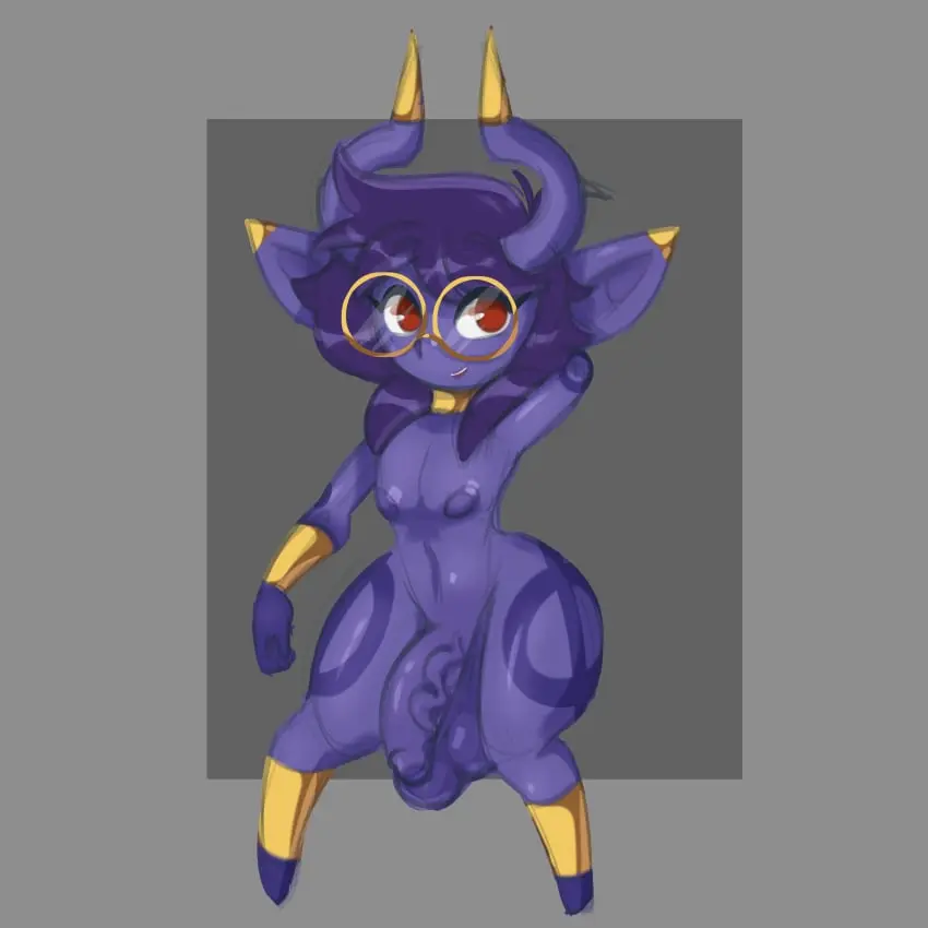 Image hi_res,red_eyes,simple_background,solo,standing,male,nude,penis,humanoid,femboy,gold_(metal),jewelry,balls,eyewear,glasses,hair,absurd_res,purple_hair,collar,flaccid,genitals,horn,2024,purple_body,grey_background,humanoid_pointy_ears,armor,wearing_glasses,round_glasses,gold_jewelry,imp,2_horns,gold_collar,metal_collar,vambrace,lucy_(marisfaraway),blueberrygrizzly