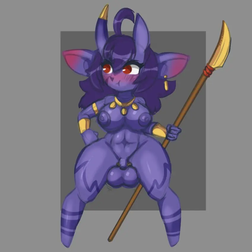 Image blush, breasts, hi_res, nipples, red_eyes, simple_background, solo, standing, nude, penis, thick_thighs, 1futa, futanari, humanoid, intersex, wide_hips, areolae, gold_(metal), jewelry, balls, hair, absurd_res, futa_only, necklace, small_penis, purple_hair, big_balls, collar, flaccid, genitals, holding_object, horn, 2024, purple_body, grey_background, holding_weapon, weapon, humanoid_pointy_ears, armor, melee_weapon, gold_necklace, gold_jewelry, imp, purple_nipples, oversized_balls, holding_polearm, polearm, spear, holding_melee_weapon, balls_bigger_than_penis, gold_collar, metal_collar, vambrace, holding_spear, big_balls_small_penis, tome_imp, blueberrygrizzly