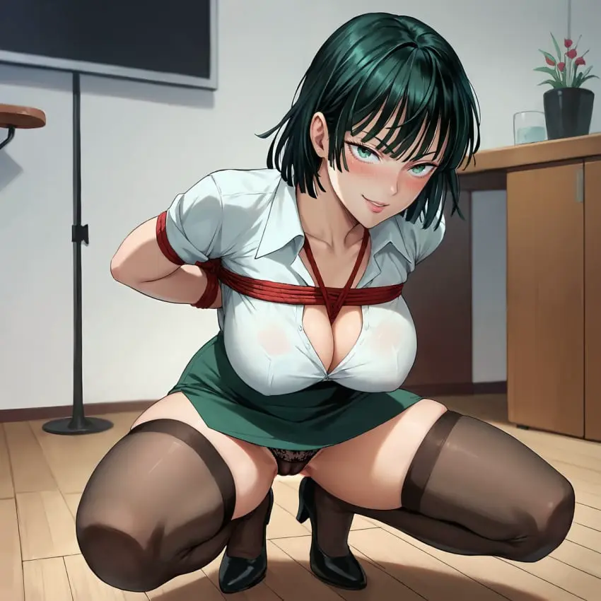 Image 1girls,blush,breasts,collared_shirt,female,large_breasts,looking_at_viewer,shirt,smile,solo,bangs,short_hair,thighhighs,panties,underwear,ai_generated,cleavage,green_eyes,spread_legs,stockings,indoors,black_panties,green_hair,skirt,high_heels,white_shirt,squatting,bondage,one-punch_man,bound,black_footwear,arms_behind_back,fubuki_(one-punch_man),henrychrist
