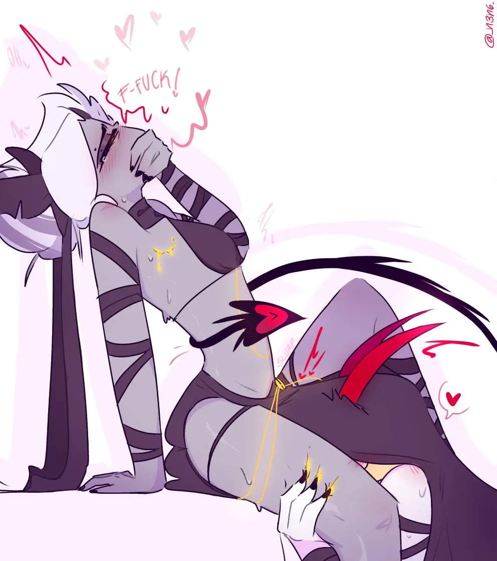 Image blush,female,simple_background,pussy,tail,horns,jewelry,blonde_hair,angel,demon,grey_body,claws,yuri,partially_clothed,skimpy_clothes,white_body,lesbian_sex,hazbin_hotel,profanity,heart_symbol,grey_clothing,onomatopoeia,covering_mouth,under_skirt,charlie_morningstar_(hazbin_hotel),vaggie_(hazbin_hotel),eating_pussy,bleeding,heart_shaped_tail,arm_wraps,swearing,n3n6