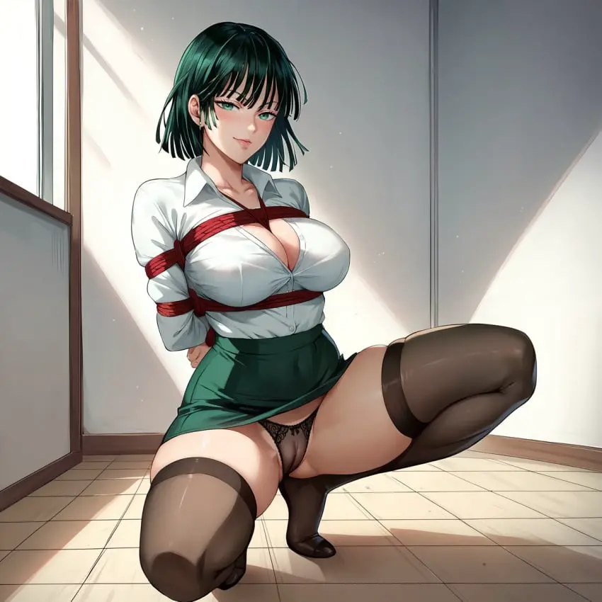 Image 1girls,blush,breasts,female,large_breasts,looking_at_viewer,shirt,smile,solo,bangs,short_hair,thighhighs,panties,underwear,thighs,ai_generated,cleavage,collarbone,green_eyes,spread_legs,petite,stockings,black_panties,green_hair,skirt,closed_mouth,tile_floor,tiles,squatting,bondage,one-punch_man,bound,black_footwear,fubuki_(one-punch_man),henrychrist