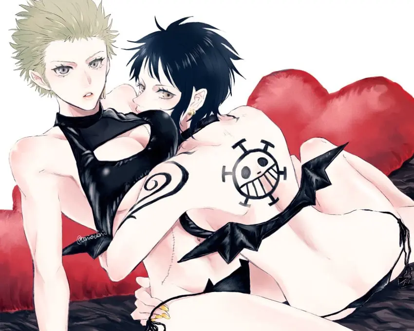 Image breasts,female,female_only,looking_at_viewer,2girls,black_hair,short_hair,looking_back,one_piece,cleavage,lingerie,tattoo,underboob,medium_breasts,cleavage_cutout,nail_polish,pale-skinned_female,pale_skin,demon_wings,green_hair,yuri,shoulder_tattoo,scar,rule_63,meme_attire,yellow_nails,embrace,hug,genderswap_(mtf),genderswap,tattoos,very_short_hair,back_tattoo,canon_genderswap,roronoa_zoro,pre-timeskip,trafalgar_law,trafalgar_law_(female),fake_wings,toriottori