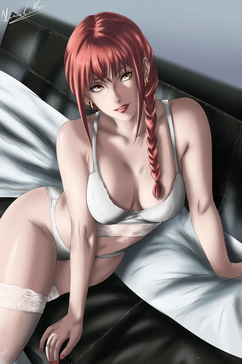 Image 1girls,big_breasts,breasts,female,solo,yellow_eyes,red_hair,bra,ass,earrings,white_bra,legs,stockings,bed,night,sitting_on_bed,chainsaw_man,makima_(chainsaw_man),white_stockings