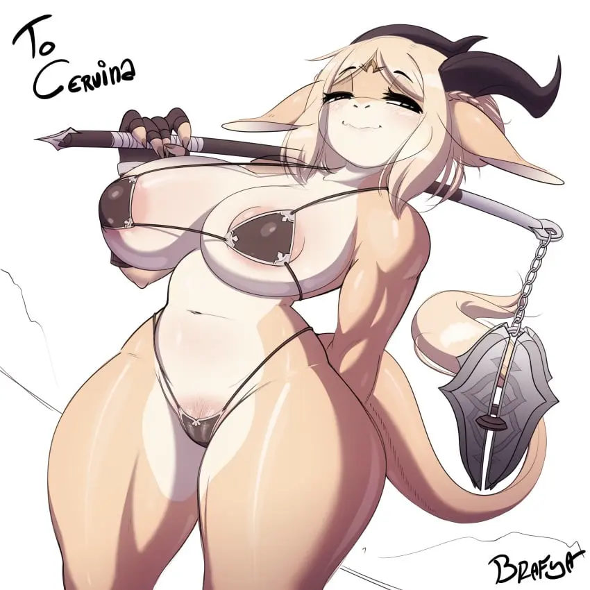 Image 1girls,big_breasts,blush,breasts,female,female_only,looking_at_viewer,solo,white_background,tail,bikini,thick_thighs,smiling,smiling_at_viewer,horns,anthro,text,blonde_hair,absurd_res,smug,yellow_body,narrowed_eyes,weapon,dragon,areola_slip,wingless_dragon,arm_behind_back,countershading,dragon_humanoid,pubic_hair_peek,weapon_over_shoulder,very_high_resolution,bikini_armor,eyes_mostly_closed,dragon_ears,celinia_(cervina7),battle_franky,brafya