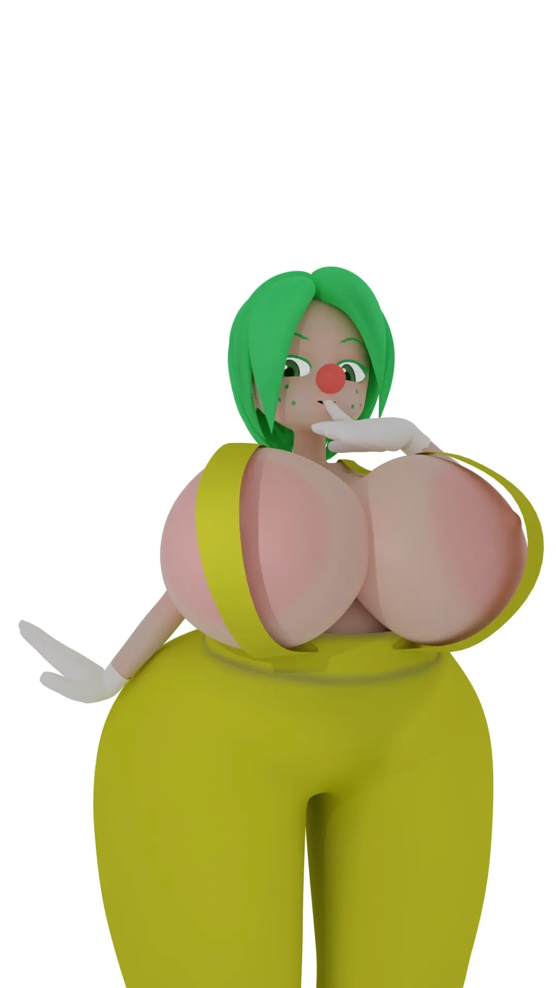 Image breasts,female,2021,thick_thighs,freckles,huge_breasts,green_eyes,3d,blender,green_hair,white_gloves,3d_(artwork),shortstack,clown_girl,finger_to_mouth,red_nose,yellow_pants,squidly,fuku_(squidly)