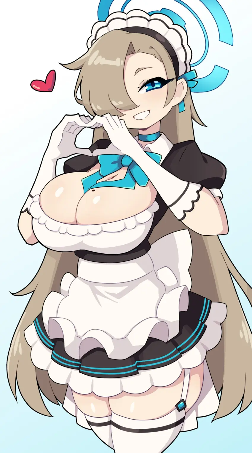 Image 1girls,big_breasts,breasts,female,female_only,hi_res,long_hair,looking_at_viewer,solo,blue_eyes,gloves,thighhighs,blue_archive,earrings,hair_over_one_eye,smiling,smiling_at_viewer,cleavage,asuna_(blue_archive),mole,mole_on_breast,brown_hair,maid,maid_uniform,maid_headdress,heart,garter_straps,thigh_squish,neck_ribbon,white_thighhighs,j5daigada,heart_hands