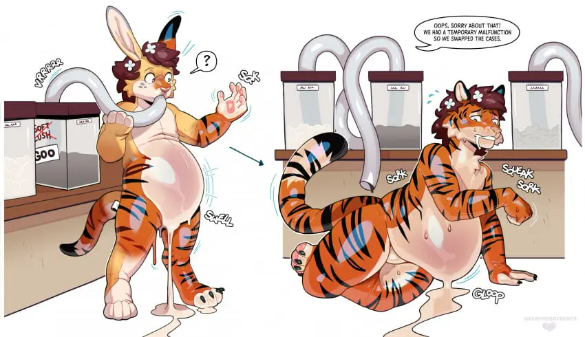 Image blush,hi_res,solo,male,tail,belly,hair,anthro,brown_hair,inflation,fur,mammal,latex,orange_body,white_body,transformation,orange_fur,white_fur,felid,pantherine,stripes,tiger,pink_nose,goo_creature,species_transformation,belly_inflation,hose_inflation,latex_transformation,heartbeats