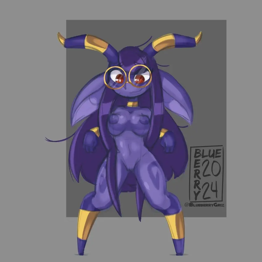 Image breasts,female,hi_res,long_hair,red_eyes,simple_background,solo,standing,nude,pussy,humanoid,gold_(metal),jewelry,eyewear,glasses,hair,medium_breasts,absurd_res,purple_hair,collar,genitals,horn,bracelet,2024,purple_body,grey_background,big_ears,humanoid_pointy_ears,wearing_glasses,round_glasses,gold_jewelry,imp,2_horns,gold_collar,metal_collar,gold_bracelet,tome_imp,blueberrygrizzly