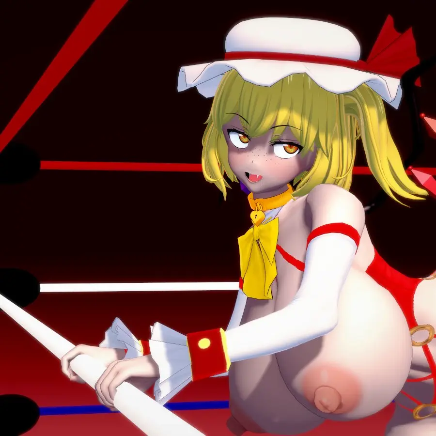 Image 1girls,breasts,female,nipples,red_eyes,solo,touhou,freckles,huge_breasts,blonde_hair,3d,bent_over,koikatsu,white_hat,mob_cap,flandre_scarlet,dback_koi,touhou_tag_dream