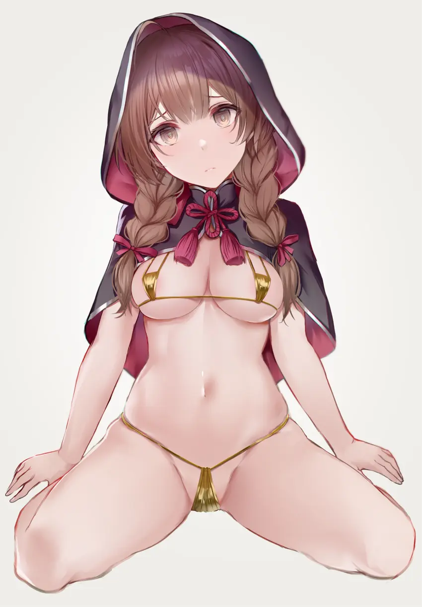 Image blush,breasts,brown_eyes,female,highres,large_breasts,long_hair,looking_at_viewer,simple_background,solo,navel,bikini,spread_legs,swimsuit,brown_hair,braid,closed_mouth,ribbon,capelet,grey_background,hood,kantai_collection,twin_braids,red_ribbon,groin,gold_bikini,black_capelet,interstellar,hooded_capelet,shinshuu_maru_(kantai_collection)
