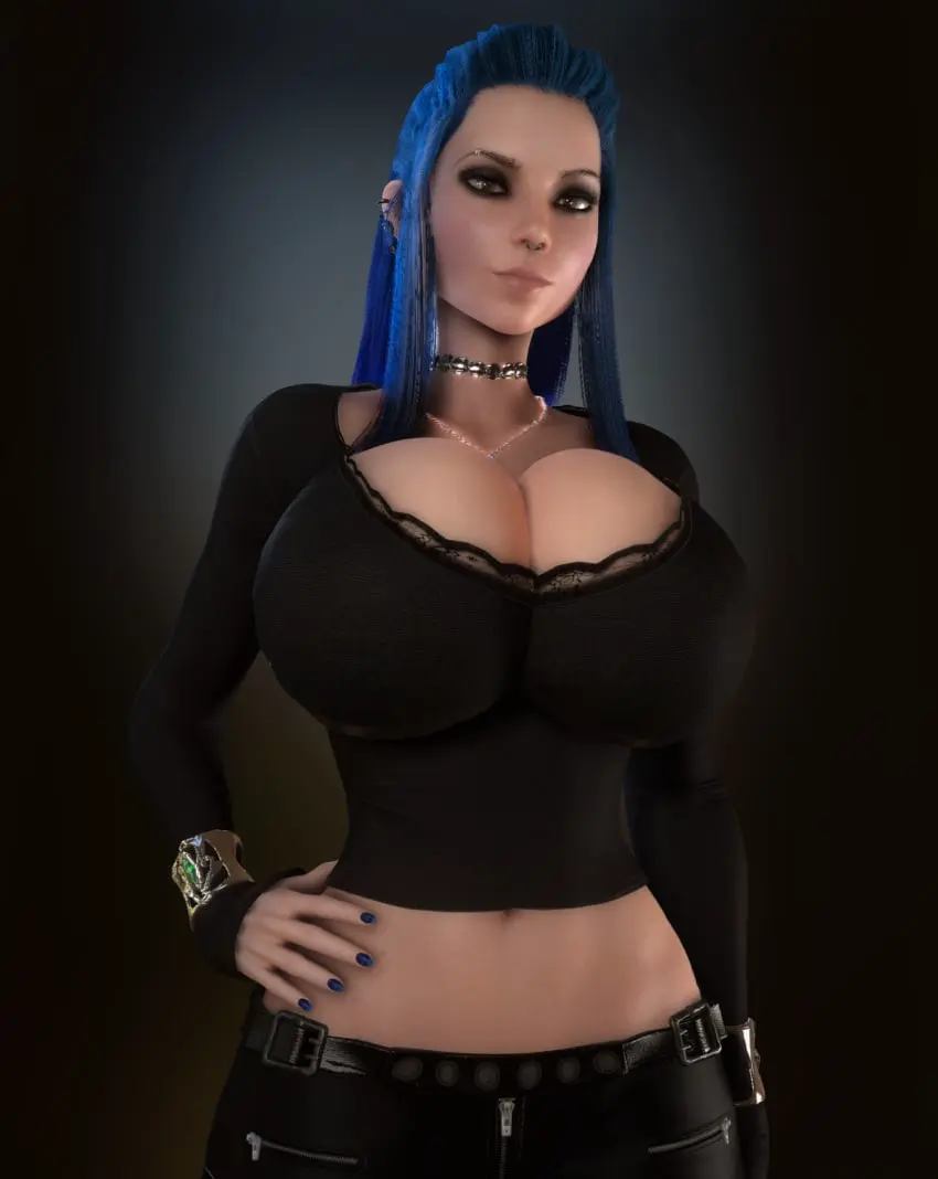 Image 1girls,breasts,clothed,female,female_only,human,light-skinned_female,light_skin,long_hair,looking_at_viewer,solo,blue_hair,sidelocks,choker,ponytail,wide_hips,hips,waist,cleavage,clothed_female,midriff,solo_female,hair,huge_breasts,piercing,breasts_bigger_than_head,gigantic_breasts,original,original_character,busty,necklace,hand_on_hip,hand_on_own_hip,3d,hourglass_figure,slim_waist,upper_body,ear_piercing,3d_(artwork),cropped_legs,hip_bones,oc,upper_body_focus,fully_clothed,top_heavy,painted_nails,black_clothing,nose_piercing,nose_ring,human_female,dark_blue_hair,painted_fingernails,lowleg,vaako,becca_(vaako)