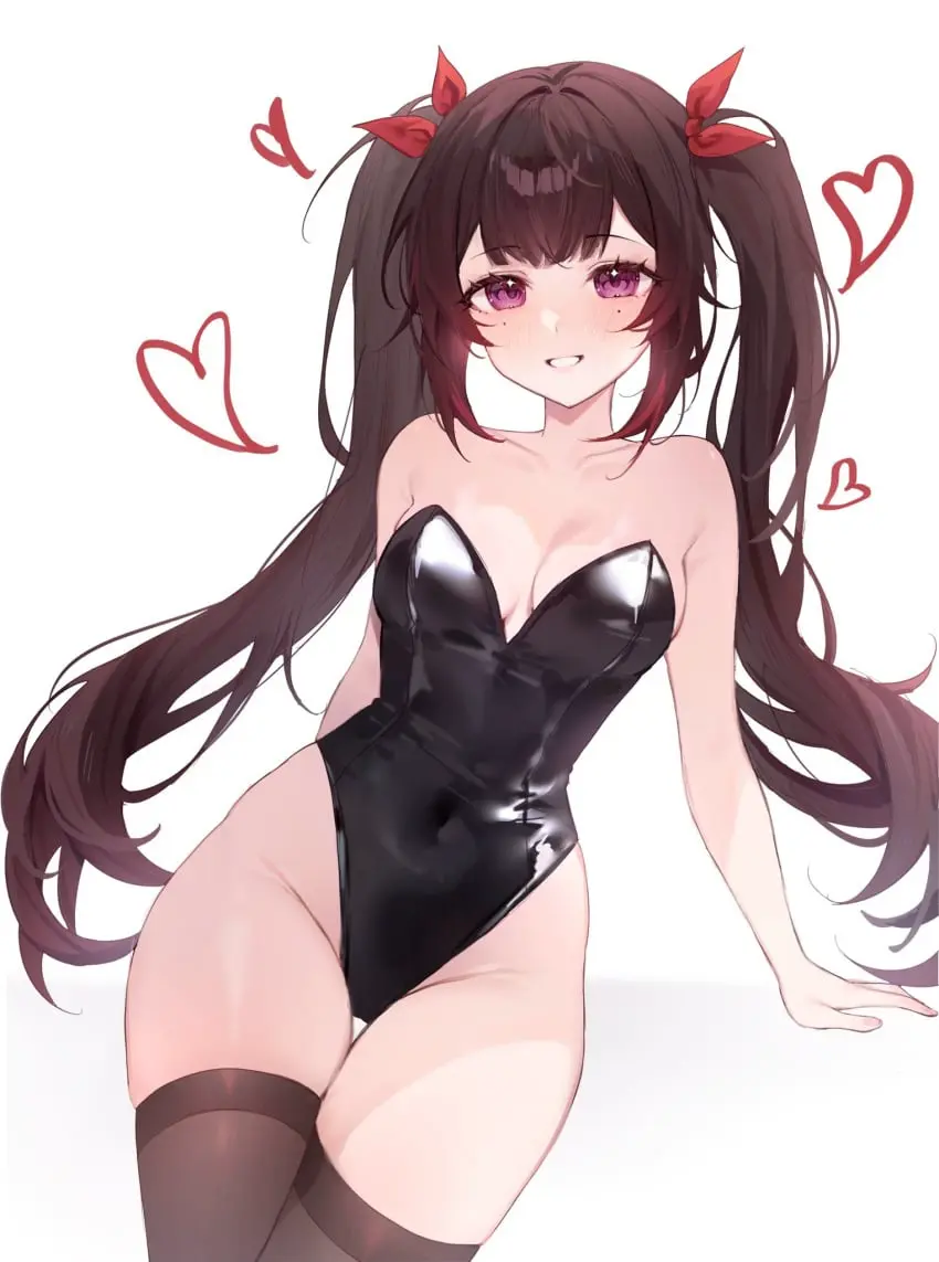 Image 1girls,blush,breasts,female,female_only,highres,light-skinned_female,light_skin,long_hair,looking_at_viewer,simple_background,solo,standing,white_background,black_hair,thighhighs,female_focus,small_breasts,smiling,smiling_at_viewer,solo_female,solo_focus,2d,purple_eyes,hourglass_figure,2d_(artwork),young,bunnysuit,high_resolution,front_view,younger_female,mihoyo,hearts,hoyoverse,black_thighhighs,honkai:_star_rail,honkai_(series),sparkle_(honkai:_star_rail),pigtails,hearts_around_body,black_bunnysuit,miyuchiq