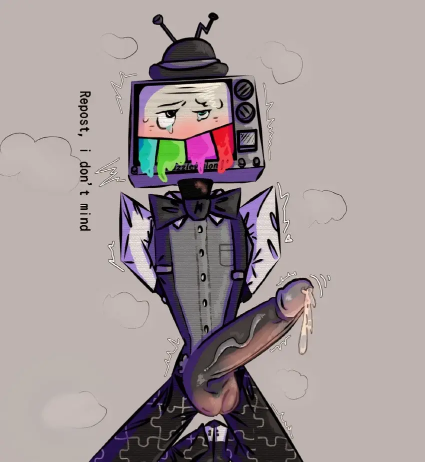 Image blush,blue_eyes,cum,male,penis,big_penis,eyes_rolling_back,gay,on_knees,tears,non-human,toony,non-human_only,tv_head,tv,smg4,mr._puzzles,objecthead,smg4_art