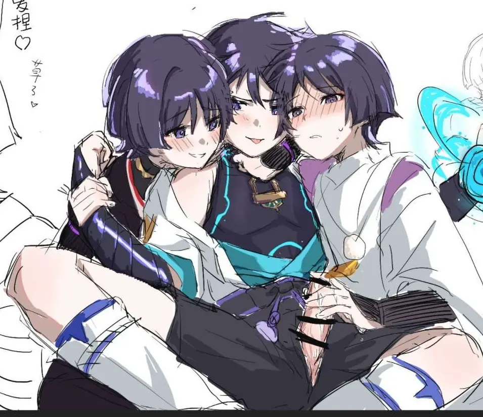 Image blush,male,penis,threesome,erection,male_only,yaoi,sitting,gay,genshin_impact,handjob,erect_penis,leaking_cum,male_focus,open_legs,twink,leaking_precum,hand_on_penis,selfcest,scaramouche_(genshin_impact),male_with_painted_nails,grasping_arm,kabukimono,wanderer