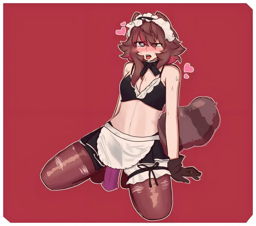 Image blush,blue_eyes,white_skin,virtual_youtuber,vtuber,brown_hair,maid,skirt,vtuberfanart,red_background,latam_virtual_youtuber,rakkun
