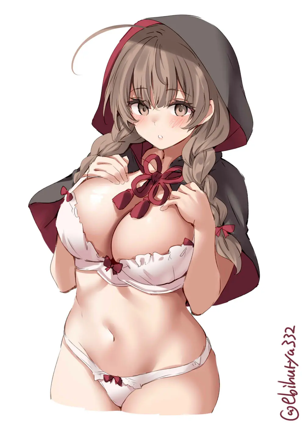 Image blush,bow,breasts,brown_eyes,cowboy_shot,female,highres,large_breasts,long_hair,open_mouth,simple_background,solo,white_background,navel,bra,panties,underwear,white_bra,dress,brown_hair,ahoge,braid,bow_panties,hands_on_own_breasts,ribbon,white_panties,capelet,black_dress,stomach,hood,hood_up,kantai_collection,twin_braids,empty_eyes,red_ribbon,twitter_username,ebifurya,bow_bra,black_capelet,ribbon_panties,hooded_capelet,shinshuu_maru_(kantai_collection)