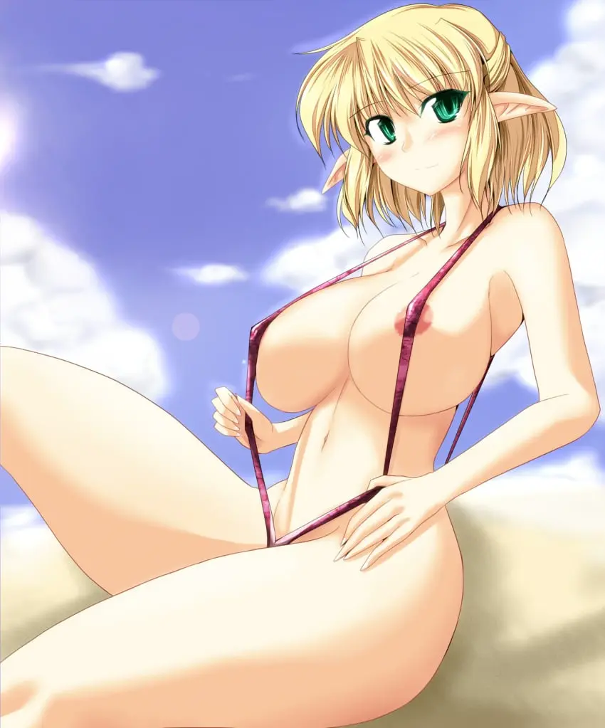 Image 1girls,blush,breasts,female,large_breasts,light-skinned_female,light_skin,nipples,solo,touhou,navel,short_hair,bikini,female_focus,thighs,areolae,belly_button,solo_focus,blonde_hair,green_eyes,swimsuit,pointy_ears,outdoors,swimwear,day,areola_slip,daytime,mizuhashi_parsee,v_string_bikini,stiel