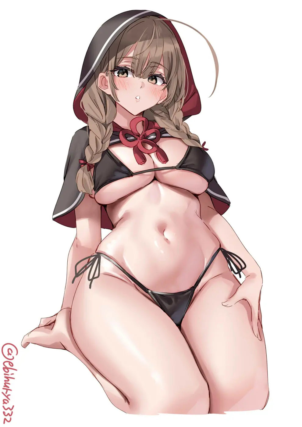 Image blush,breasts,brown_eyes,female,highres,large_breasts,long_hair,looking_at_viewer,simple_background,solo,white_background,navel,sidelocks,bikini,thighs,barefoot,underboob,parted_lips,sitting,swimsuit,hair_ribbon,ahoge,braid,skindentation,light_brown_hair,ribbon,capelet,black_bikini,hood,hood_up,kantai_collection,tassel,twin_braids,hand_on_own_thigh,red_ribbon,twitter_username,side-tie_bikini_bottom,ebifurya,low_twin_braids,huge_ahoge,hooded_capelet,one-hour_drawing_challenge,shinshuu_maru_(kantai_collection)