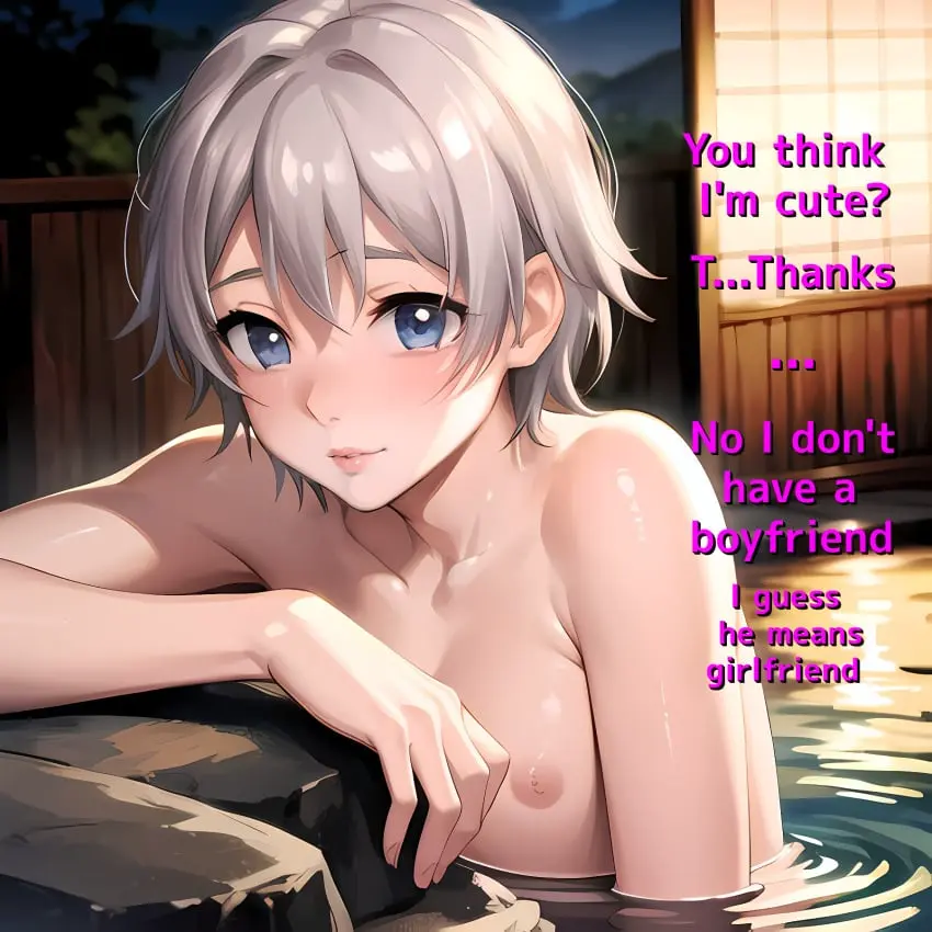 Image nipples,1boy,blue_eyes,male,ai_generated,femboy,male_only,trap,bare_shoulders,text,cute,hot_spring,my_teen_romantic_comedy_snafu,totsuka_saika