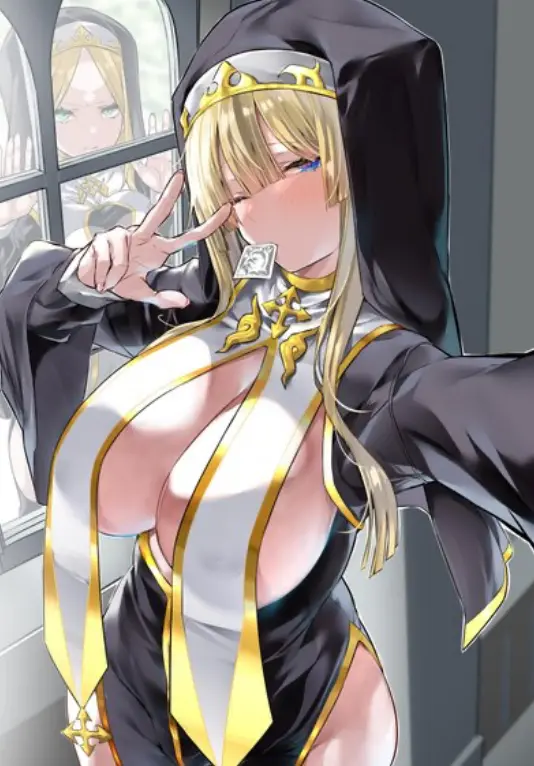 Image big_breasts,breasts,female,pose,yellow_hair,black_clothing,nun