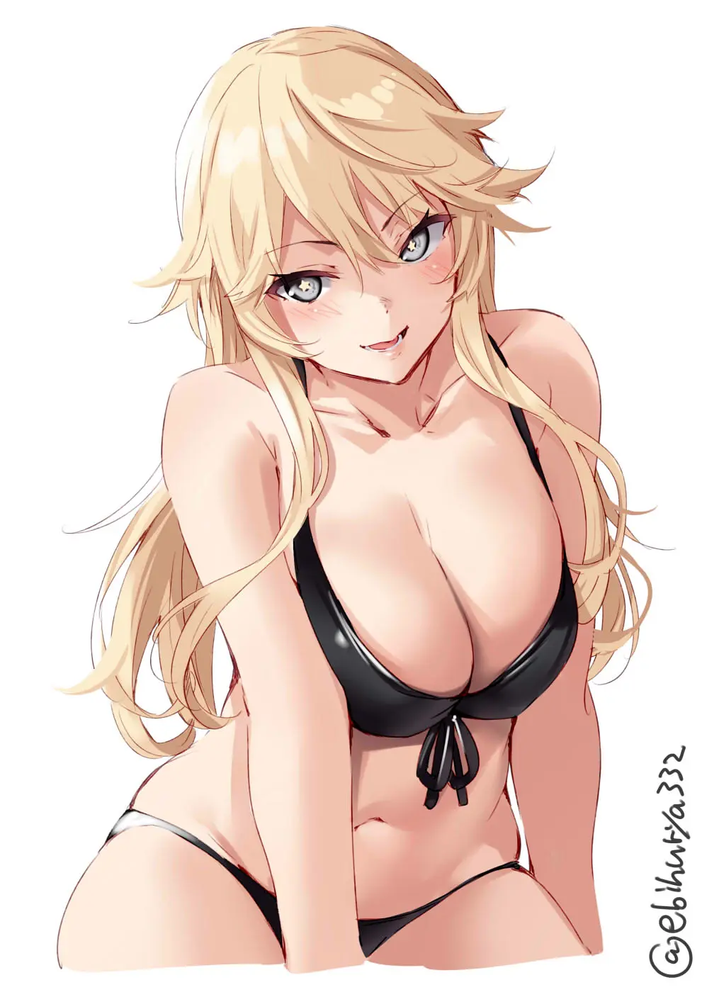 Image blush,breasts,cowboy_shot,female,highres,large_breasts,long_hair,solo,white_background,navel,symbol-shaped_pupils,bikini,seductive,seductive_look,seductive_smile,collarbone,blonde_hair,swimsuit,lips,light_blush,grey_eyes,string_bikini,stomach,black_bikini,seducing,kantai_collection,star-shaped_pupils,seductive_pose,star_(symbol),twitter_username,seductive_mouth,front-tie_top,ebifurya,front-tie_bikini_top,one-hour_drawing_challenge,iowa_(kantai_collection)