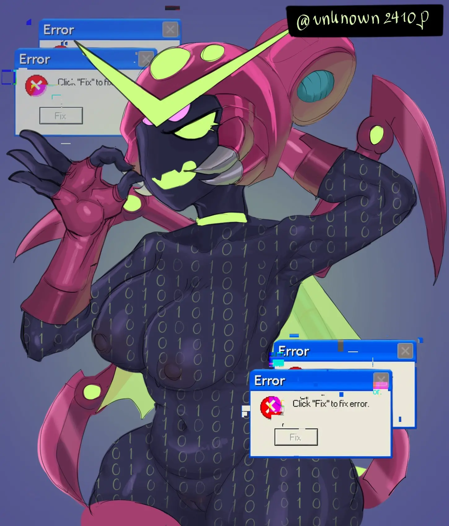 Image breasts,female,large_breasts,belly_button,pink_hair,green_eyes,black_skin,brawl_stars,robot_girl,unknown2410p,spider,science_fiction,spider_girl,charlie_(brawl_stars),virus_charlie_(brawl_stars),signed,pointed_teeth,computer_virus,green_mouth