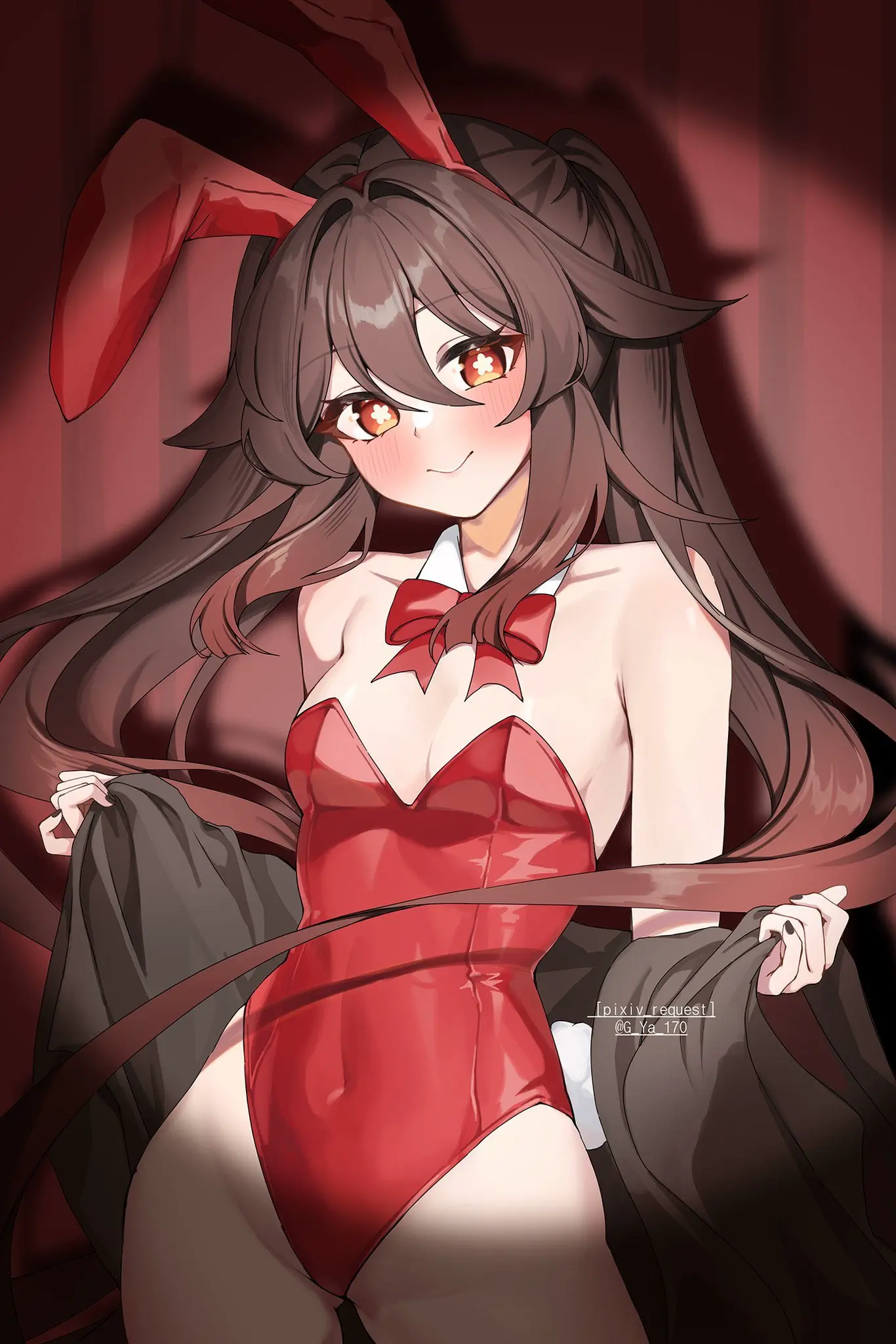 Image 1girls,blush,breasts,female,female_only,highres,light-skinned_female,light_skin,long_hair,looking_at_viewer,solo,standing,female_focus,small_breasts,smiling,solo_female,solo_focus,2d,brown_hair,bunny_ears,genshin_impact,hu_tao_(genshin_impact),indoors,ribbon,alternate_costume,2d_(artwork),young,bunny_tail,bunnysuit,high_resolution,front_view,younger_female,mihoyo,hoyoverse,curtain,red_bunnysuit,flower_shaped_pupils,g_ya_170