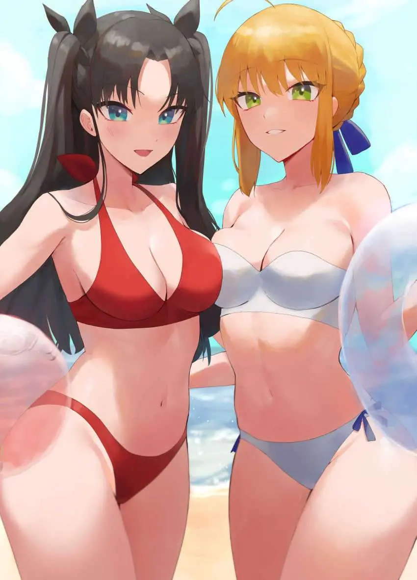 Image female,female_only,human,2girls,multiple_girls,bikini,beach,swimsuit,fate_(series),fate/stay_night,tohsaka_rin,beachball,saber
