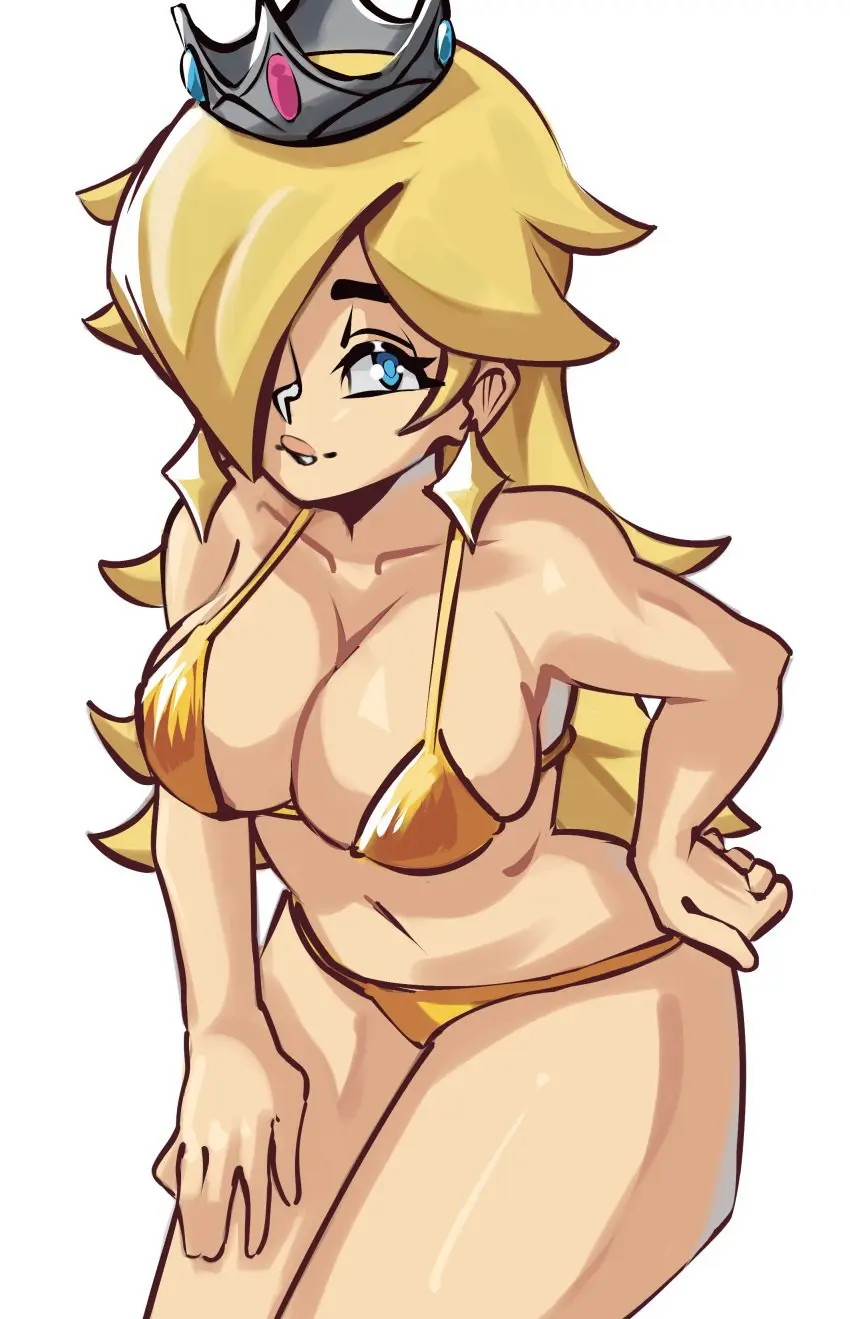 Image 1girls,big_breasts,breasts,female,female_only,large_breasts,long_hair,looking_at_viewer,shiny_skin,simple_background,smile,solo,white_background,blue_eyes,navel,bikini,earrings,thighs,hair_over_one_eye,cleavage,blonde_hair,legs,busty,mario_(series),nintendo,bent_over,2024,leaning_forward,2020s,crown,confident,super_mario_galaxy,princess_rosalina,star_earrings,moxydrawsmore