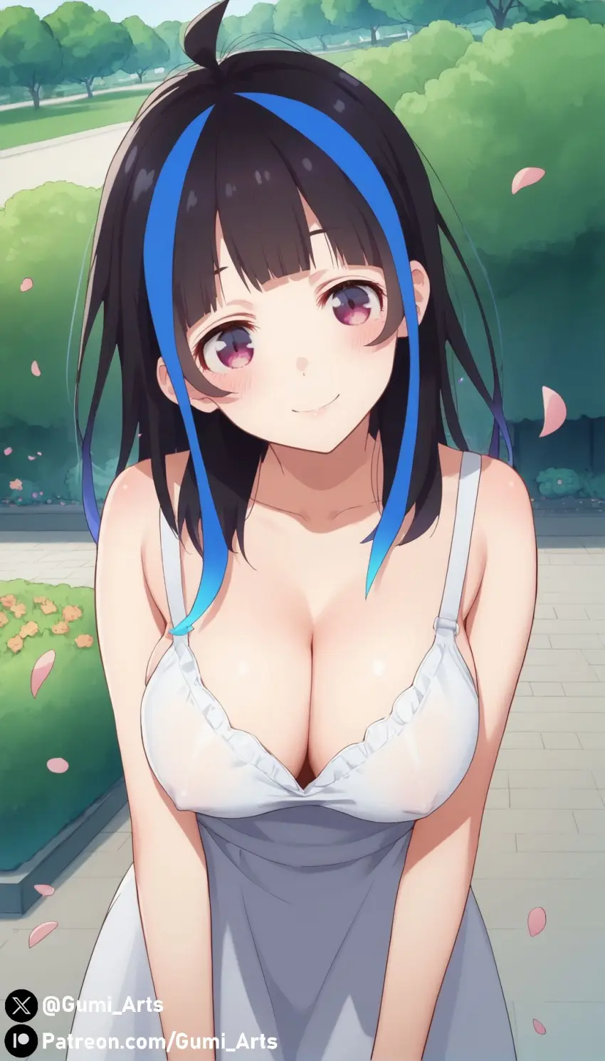 Image blush,looking_at_viewer,smile,black_hair,blue_hair,multicolored_hair,two_tone_hair,ai_generated,cleavage,covered_nipples,pink_eyes,stable_diffusion,outdoors,sundress,gumi_arts,park,kanojo_okarishimasu,yaemori_mini