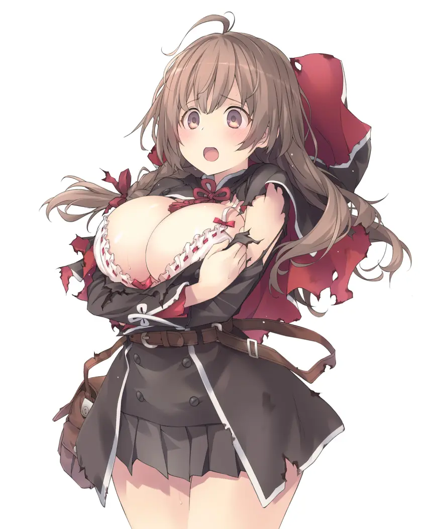 Image blush,bow,breasts,female,female_only,highres,large_breasts,long_hair,long_sleeves,open_mouth,simple_background,solo,white_background,sweat,bra,underwear,cleavage,solo_female,white_bra,hair_ribbon,brown_hair,ahoge,braid,skirt,ribbon,capelet,pleated_skirt,torn_clothes,hood,single_braid,kantai_collection,covering_breasts,red_ribbon,covering_privates,messy_hair,black_skirt,hood_down,bow_bra,shinshuu_maru_(kantai_collection),sakana_(flame_sakana)