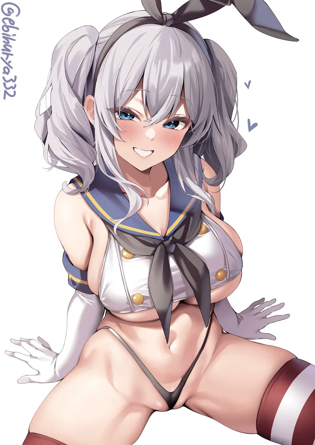 Image blush,grey_hair,smile,blue_eyes,gloves,thighhighs,headband,tagme,bunny_ears,thong,sailor_collar,sailor_uniform,pigtails,bunny_ears_headband,ebihurya332