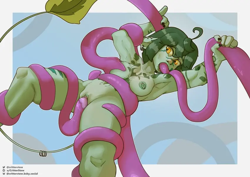 Image female,tail,green_skin,green_hair,tentacle,tentacle_sex,green_body,tentacle_in_mouth,tentacle_penetration,goblin,goblin_female,tentacle_grab,critterstew,lifted_by_tentacles
