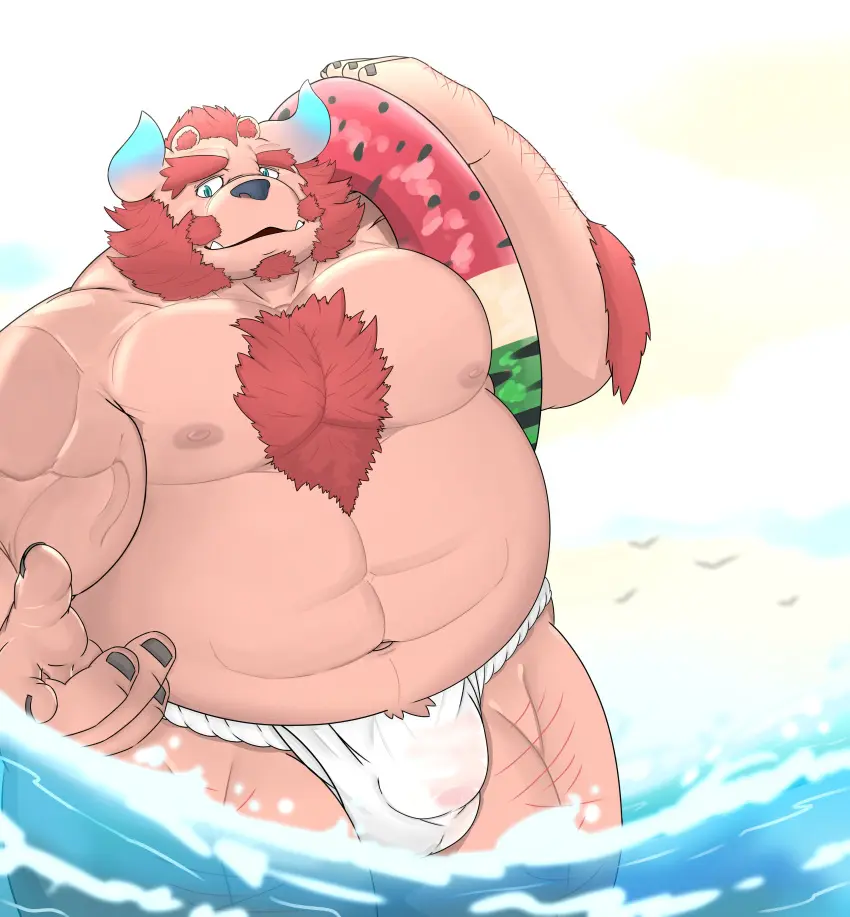 Image clothing,hi_res,nipples,solo,male,navel,underwear,muscular,beach,male_only,belly,anthro,demon,absurd_res,bulge,fundoshi,japanese_clothing,pecs,horn,male_focus,partially_submerged,asian_clothing,east_asian_clothing,lifewonders,tokyo_afterschool_summoners,body_hair,chest_hair,musclegut,swimming,swim_ring,peto3001,chernobog_(tas)