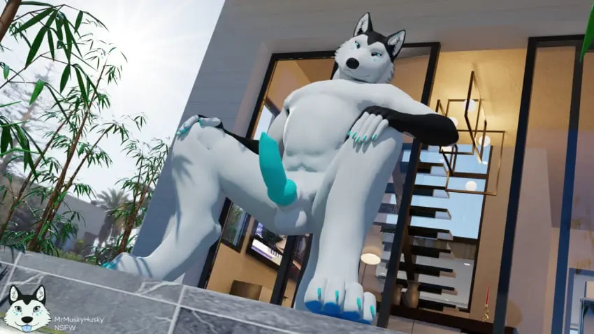 Image male,penis,furry,anthro,dick,fur,outside,husky,house,squats,k9,mrmuskyhusky,mrmuskyhusky_(character)