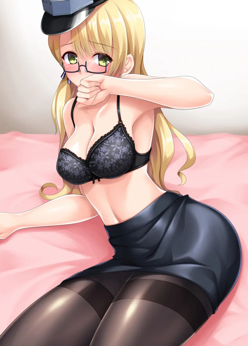 Image bow,breasts,female,highres,long_hair,solo,absurdres,bra,underwear,glasses,blonde_hair,green_eyes,medium_breasts,miniskirt,skirt,kantai_collection,pantyhose,black_pantyhose,black_skirt,black_bra,semi-rimless_eyewear,under-rim_eyewear,black-framed_eyewear,thighband_pantyhose,pencil_skirt,bow_bra,northampton_(kantai_collection),ruin_re_birth