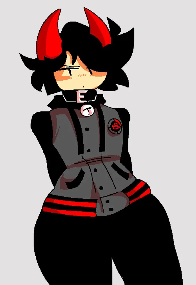 Image clothed,clothing,looking_at_viewer,solo,standing,1boy,black_hair,male,bottom_heavy,thick_thighs,thighs,wide_hips,horns,femboy,thick,character_request,original_character,artist_request,demon_horns,horn,oc,arms_behind_back,mob_face,mr.diamond