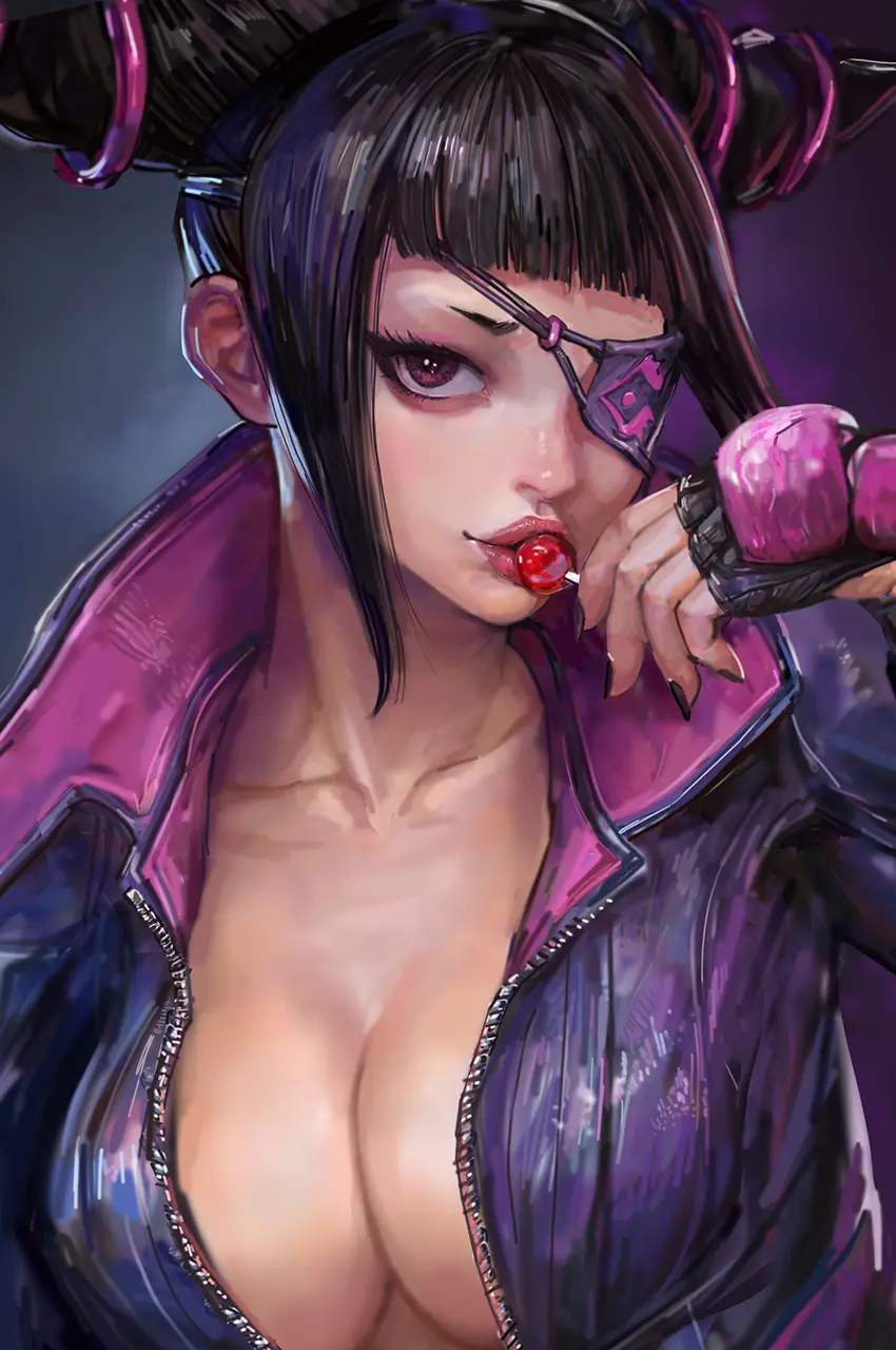 Image 1girls,big_breasts,breasts,female,light-skinned_female,light_skin,looking_at_viewer,black_hair,cleavage,purple_eyes,busty,bodysuit,asian,asian_female,eyepatch,capcom,street_fighter,juri_han,wip,lollipop,zipper_down,sucking_lollipop,michemashu