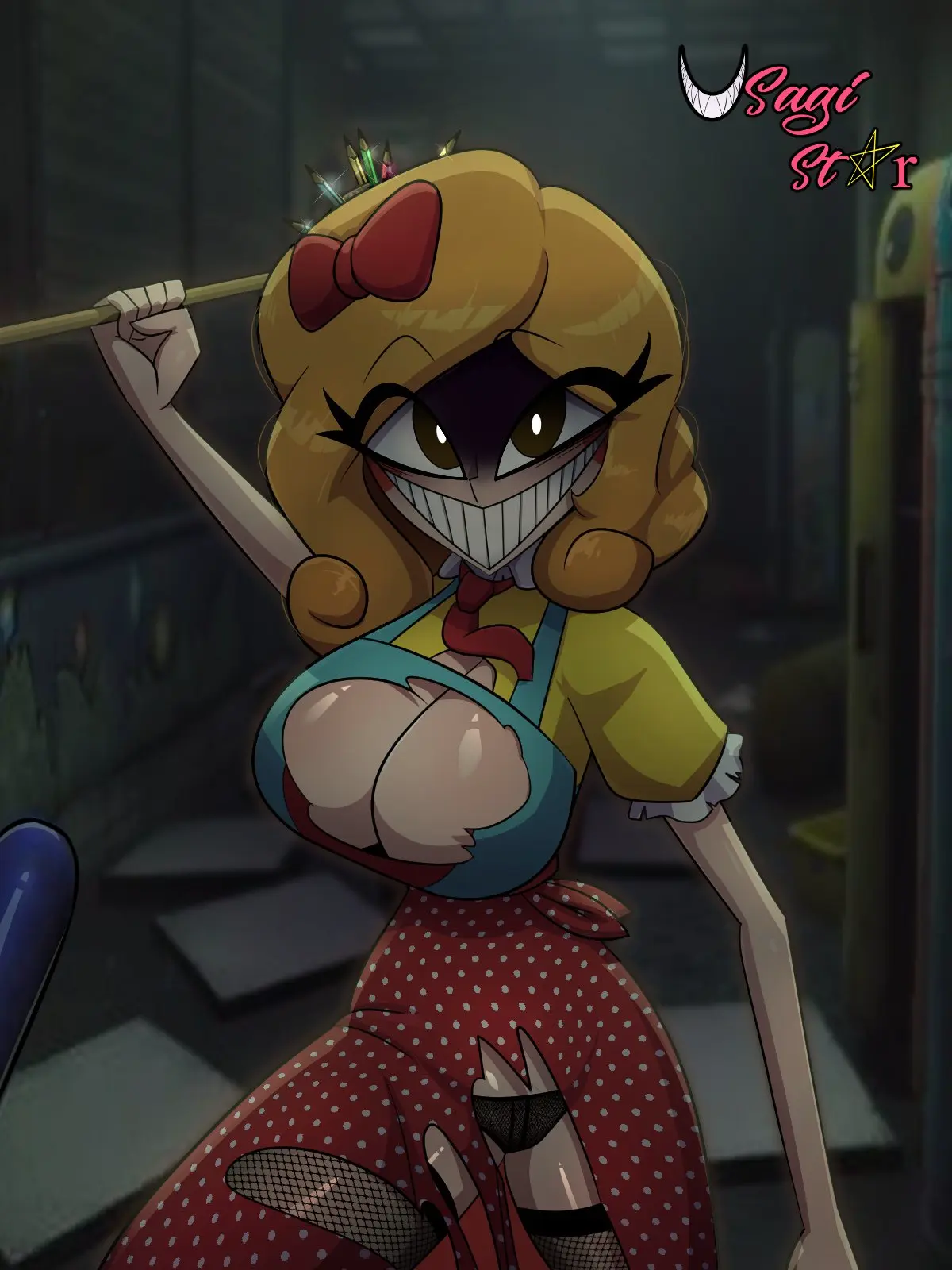 Image 1girls,brown_eyes,female,female_only,solo,panties,white_skin,cleavage,grin,orange_hair,blonde_hair,pov,school,weapon,tie,bowtie,lockers,poppy_playtime,white_skinned_female,abandoned_building,miss_delight,damaged_clothes,mace,pencil_(weapon_use),usagi_star