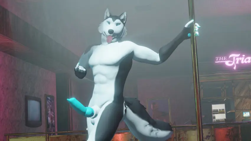 Image male,penis,furry,pose,3d,dick,husky,stripclub,mrmuskyhusky,mrmuskyhusky_(character),poledance