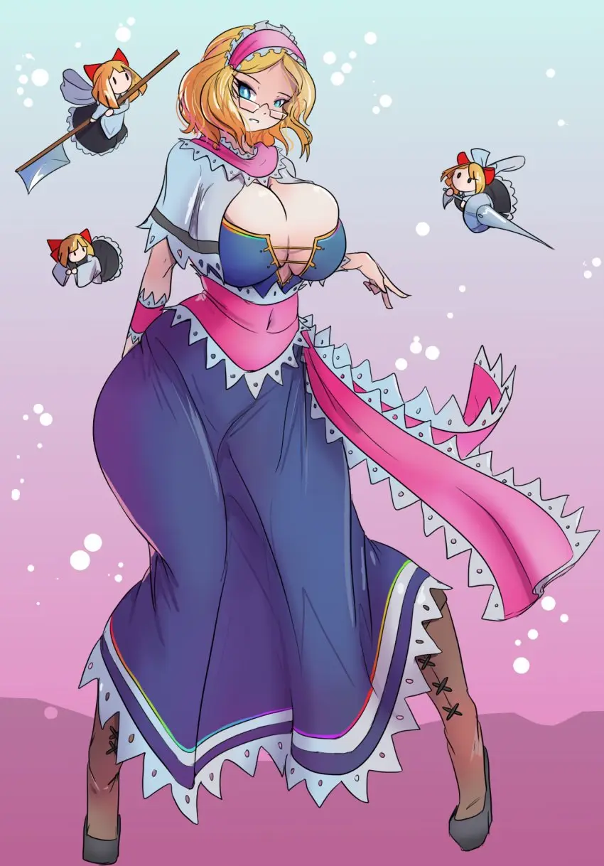 Image 1girls,big_breasts,breasts,clothed,female,hair_ornament,large_breasts,looking_at_viewer,solo,standing,touhou,blue_eyes,short_hair,thick_thighs,thighs,wide_hips,hips,belly,belly_button,cleavage,clothed_female,glasses,huge_breasts,2d,breasts_bigger_than_head,blonde_hair,dress,cape,shoes,doll,alice_margatroid,magical_girl,greenm,belly_button_visible_through_clothing,source,high_boots,dolls