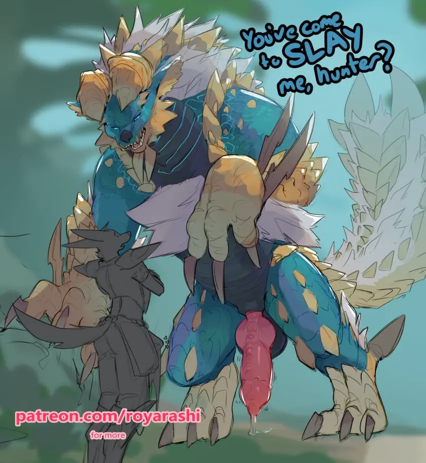 Image hi_res,solo,male,penis,tail,tongue,big_penis,duo,erection,balls,anthro,text,absurd_res,big_balls,genital_fluids,bodily_fluids,fur,genitals,claws,yellow_body,horn,blue_body,white_body,scales,scalie,animal_genitalia,white_fur,feral,yellow_scales,capcom,blue_scales,monster_hunter,fanged_wyvern,zinogre,roy_arashi