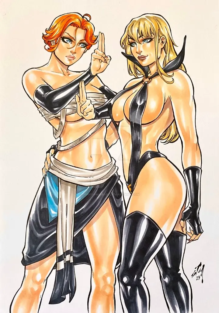 Image 2023,big_breasts,breasts,female,female_only,human,large_breasts,light-skinned_female,light_skin,long_hair,standing,white_background,2girls,black_legwear,blue_eyes,multiple_girls,short_hair,thighhighs,thighs,duo,orange_hair,blonde_hair,vampire,vampire_girl,netflix,artist_signature,revealing_clothes,partially_clothed,female/female,sling_bikini,armwear,castlevania,crossover,black_clothing,konami,black_armwear,deviantart,hand_on_back,castlevania_(netflix),ed_benes_studio,sypha_belnades,dynamite_comics,draculina_(dynamite_comics),junior_maia