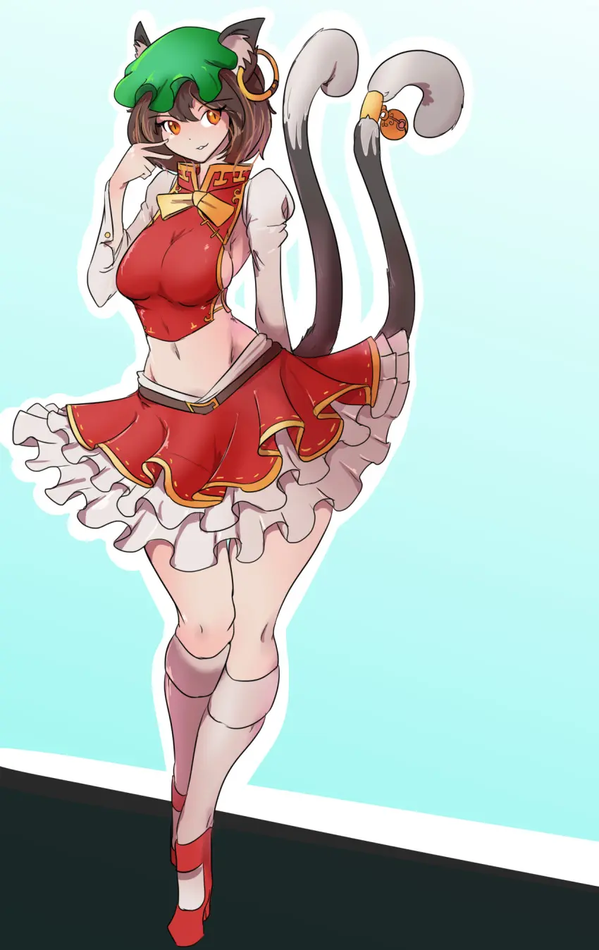 Image 1girls,breasts,female,long_sleeves,looking_at_viewer,solo,standing,touhou,tail,hat,thick_thighs,thighs,humanoid,orange_eyes,wide_hips,cat_ears,cat_girl,catgirl,hips,belly,belly_button,2d,medium_breasts,brown_hair,socks,cat_tail,skirt,ear_piercing,belt,cat_humanoid,shoes,multi_tail,vest,ear_ring,tails,mob_cap,greenm,cat_eyes,chen,belted_skirt,source,cat_tails,high_socks,medium_skirt